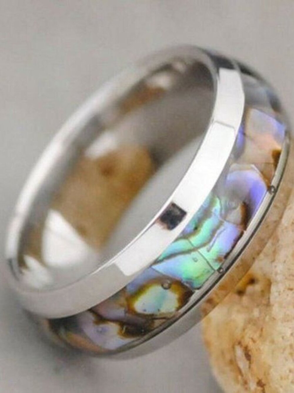 Natural Abalone Paua Shell Inlay Stainless Steel Ring Sz 6
